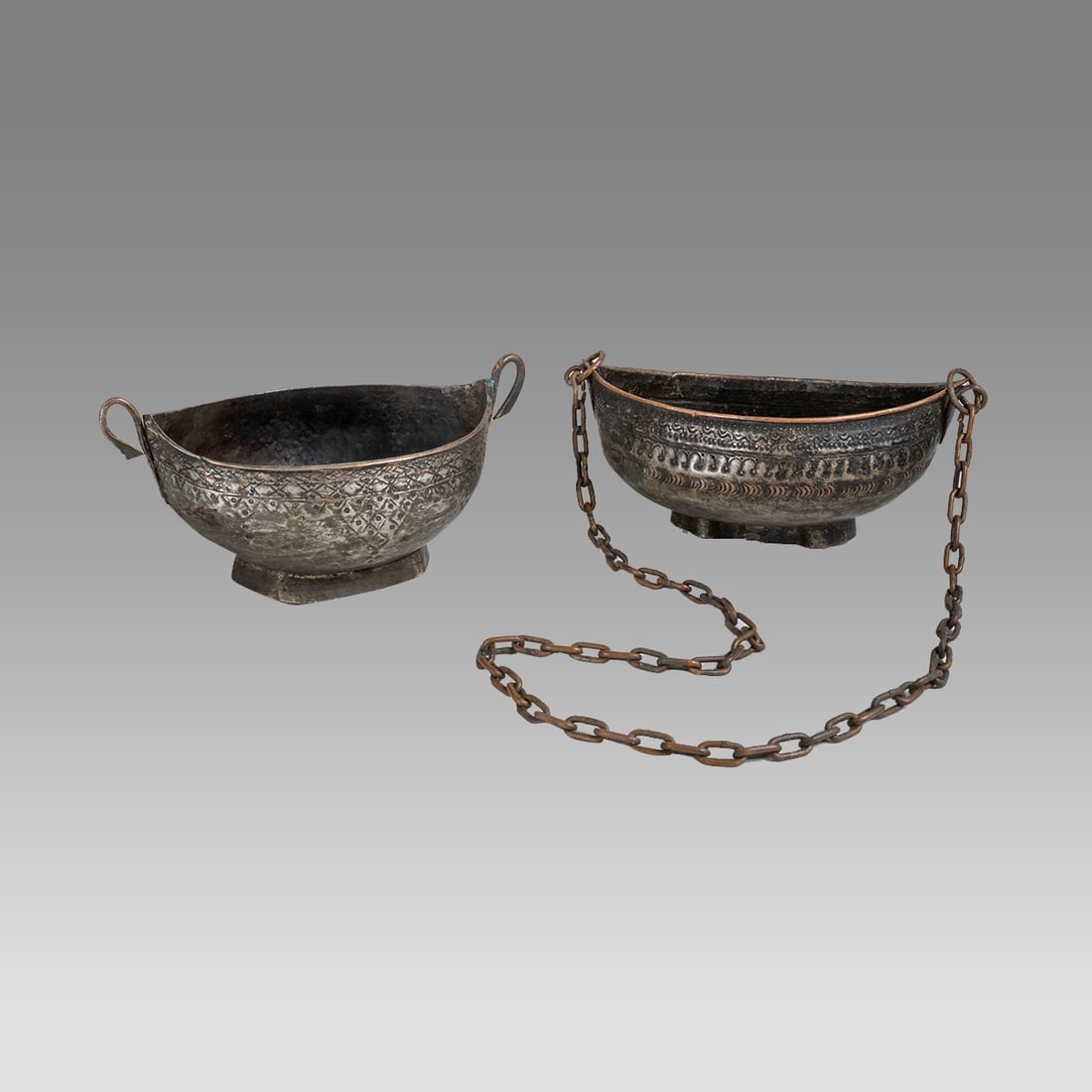 Lot of 2 Antique Middle Eastern Copper Kashkul Baskets. (1 of 2)