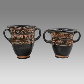 Lot of 2 Ancient Greek Magna Graceia Apulian Pottery Skyphos c.4th century BC.