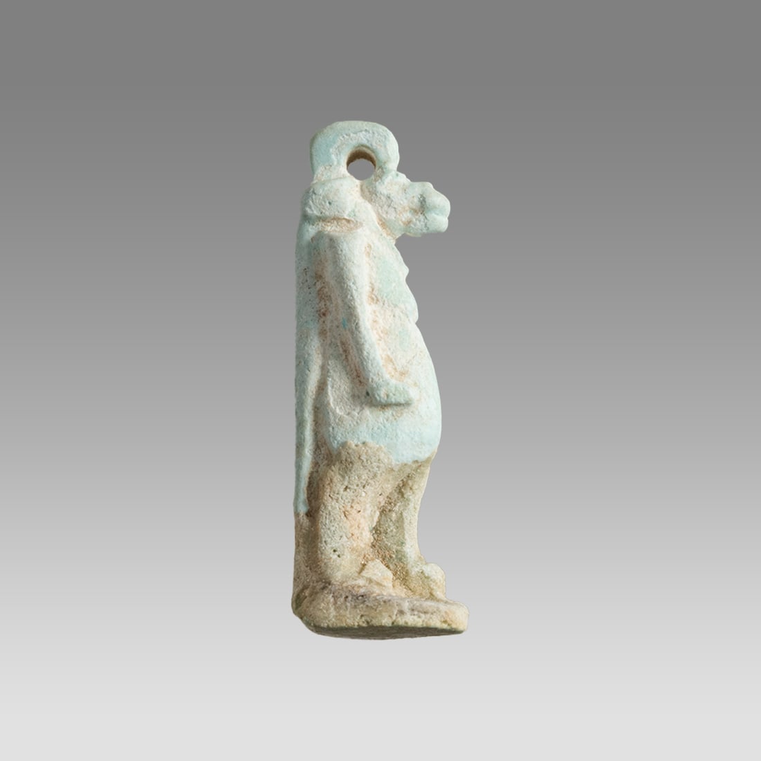 Ancient Egyptian Faience Hippo Taweret Amulet c.300-50 BC.: Ancient Egyptian Faience Hippo Taweret Amulet c.300-50 BC. Size 35 mm. Fine blue faience amulet of Hippo god Taweret with suspension hole at top of head. Provenance: Ex Secret Eyes Gallery New York 19