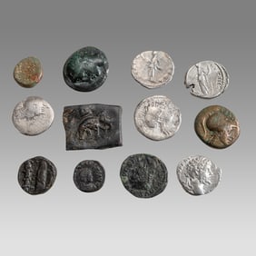 Lot of 12 Ancient Greek and Roman Silver, Bronze Coins c.300 BC-AD.