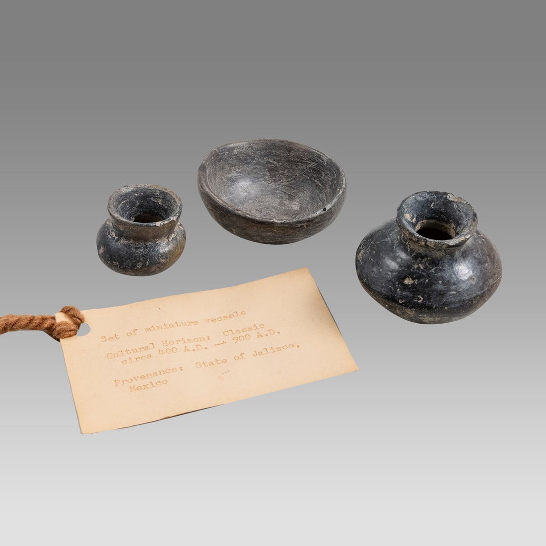 Ancient Pre Columbian Jalisco Miniature Vessels classic c.400-900 AD. (3): Ancient Pre Columbian Jalisco Miniature Vessels classic c.400-900 AD. (3) Size 1 1/4 - 2 1/8 inch length. Fine collection of 3 miniature pottery vessels. From The Estate of Farnces Denier Ablondi 1962