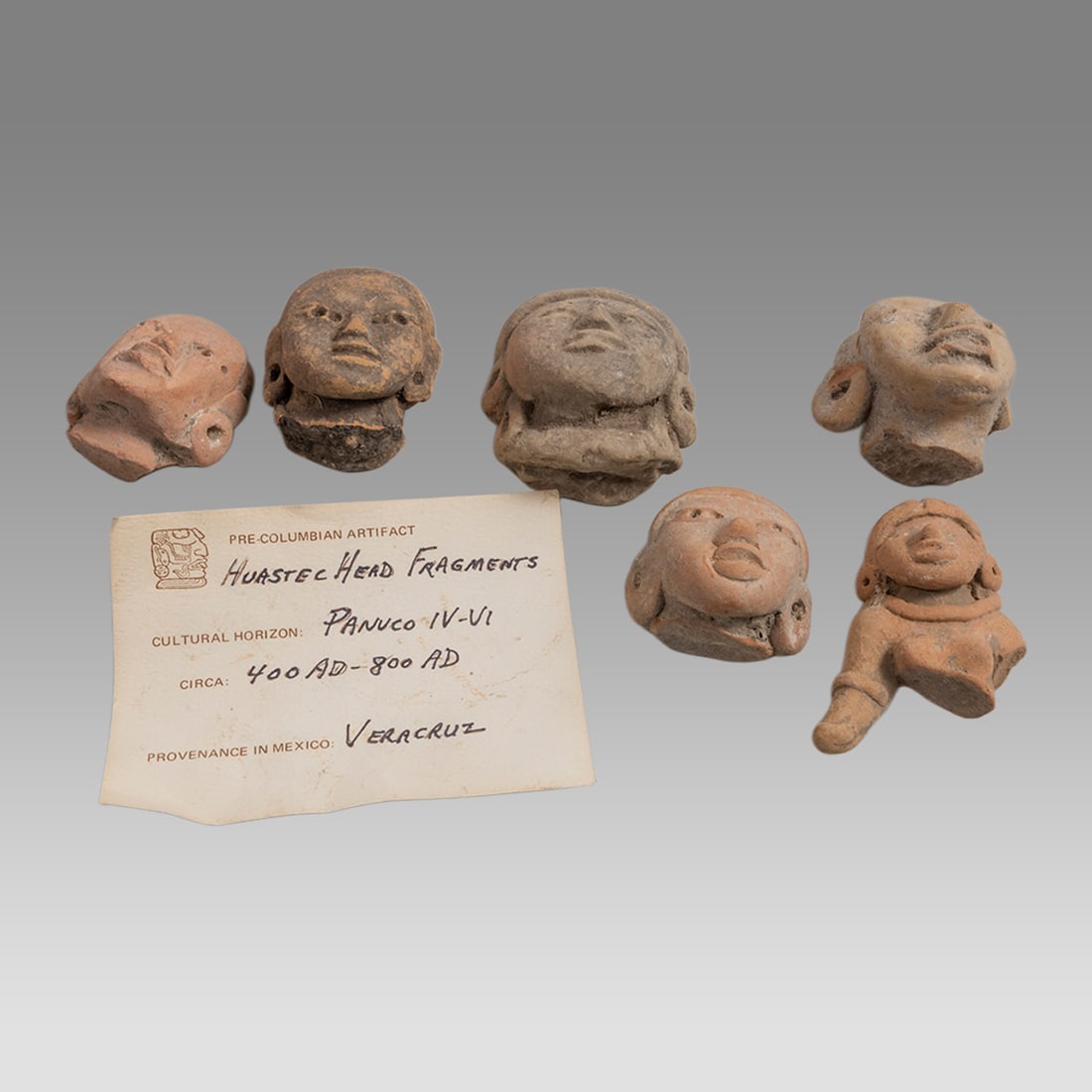 Lot of 6 Ancient Pre Columbian Veracruz Pottery Huastec Heads c.400-800 AD.: Lot of 6 Ancient Pre Columbian Veracruz Pottery Heads c.400-800 AD. Size 1 3/8 - 2 1/2 inches inches high. Fine collection of 6 pottery heads, fragments from full figures. From The Estate of Farnces D
