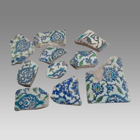 Lot of 10, 16th-17th century Ottoman, Syrian Ceramic Tiles Fragments.