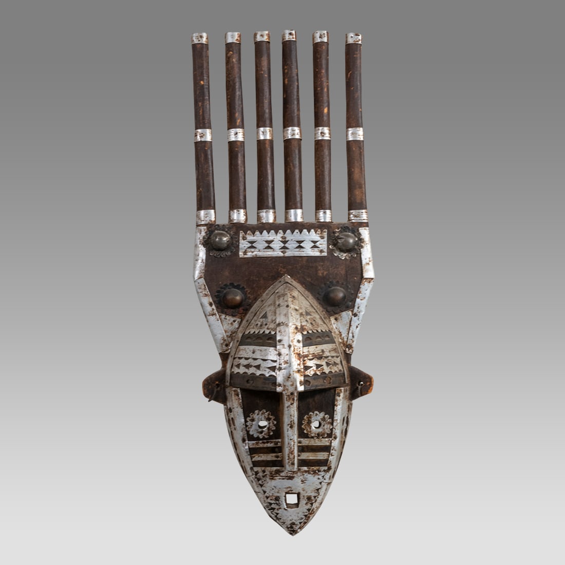 Mali, Bamana, Bambara Tribes Wood Mask.: Mali, Bamana, Bambara Tribes Wood Mask. Size 17 1/2 x 8 3/4 inches. Large wood mask with metal mounts. From New York Private Collection, With resport from Eastern Art Gallery.