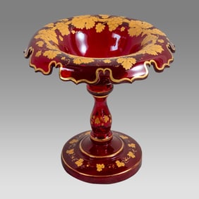 Antique French Bohemian Moser cranberry gold gilt hand painted compote.