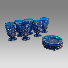 Circa 1900 set of 6 Cobalt blue glass Goblet and plate stunning pressed glass.