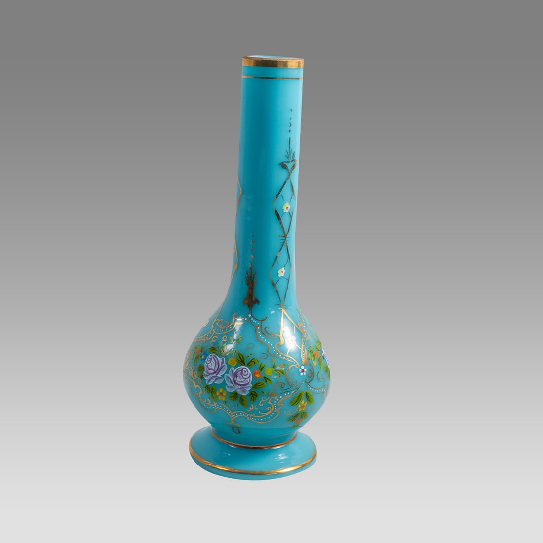 French hand pained Opaline bohemian Glass Hookah vase.: French hand pained Opaline bohemian Glass Hookah vase. 14 ½ inches tall .