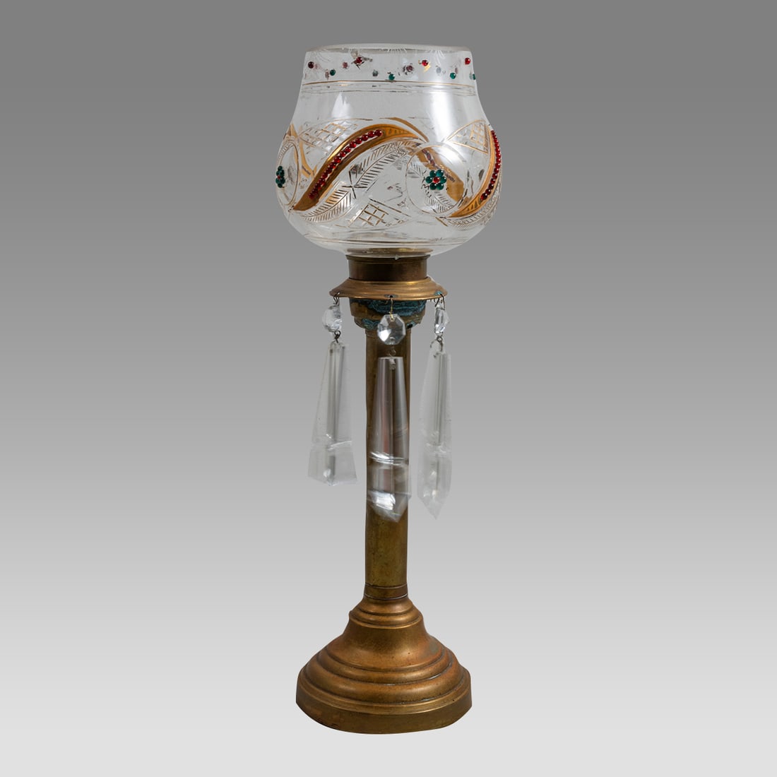 Russian antique bohemian jeweled glass Victorian candle stick holder,: Russian antique bohemian jeweled glass Victorian candle stick holder, Rim shaved and a very small hairline on top of the shade, 16 ½” tall