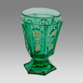 Antique Bohemian Vaseline Uranium Glass. Green Wine Glass Stem goblet.