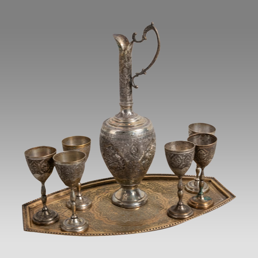 Persian Islamic Silver plated Set composed of a Jug & 6 Goblets on a Tray (1 of 1)