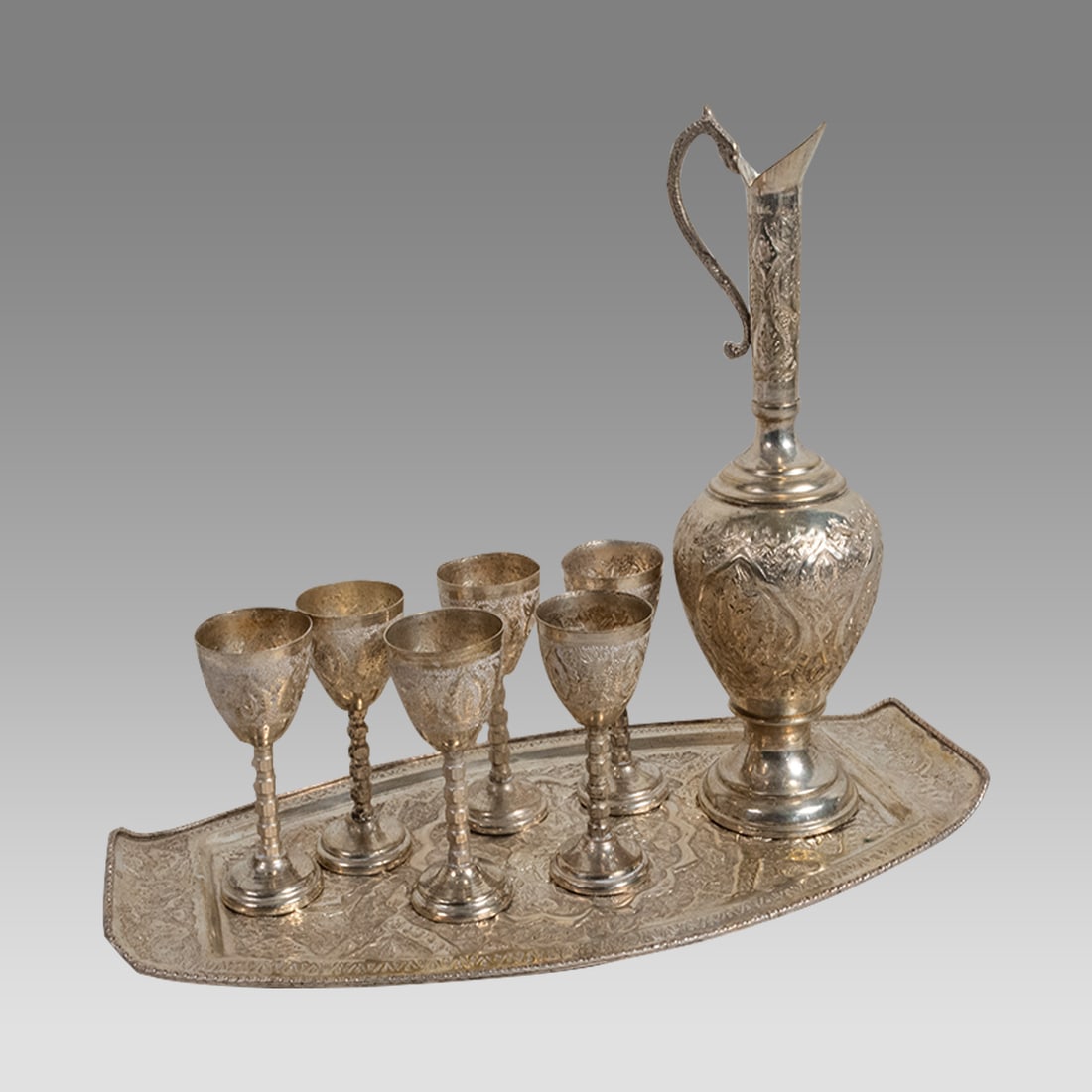 Persian Islamic Silver plated Set composed of a Jug & 6 Goblets on a Tray (1 of 1)