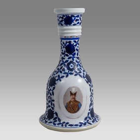 Antique Persian Qajar Porcelain Hookah Bottle with 2 Shah Portrait.
