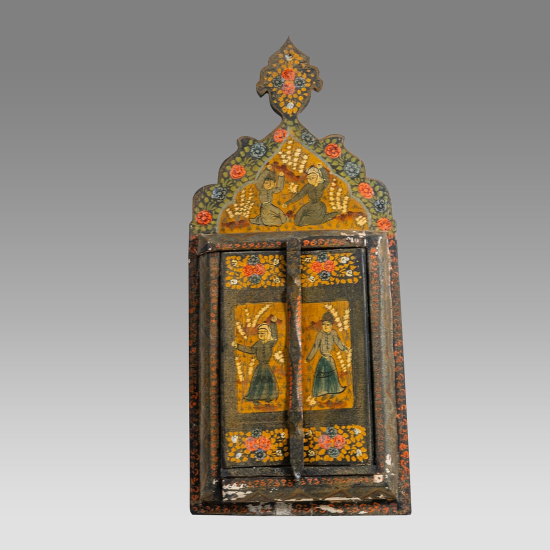 Antique Persian Polychrome Wood Mirror. (1 of 2)