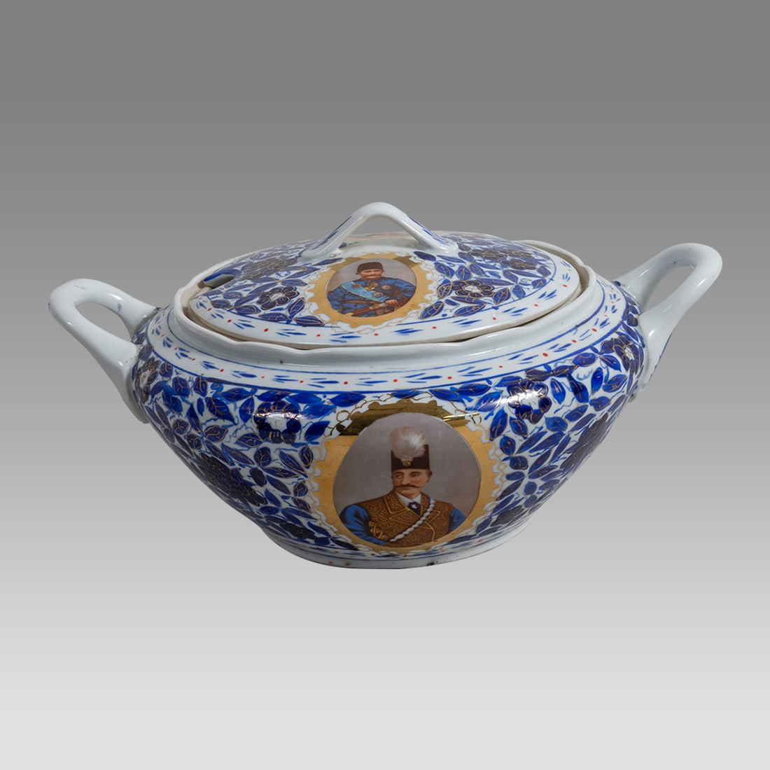 Antique Russian Ceramic Bowl Made for The Persian Market with Lid. With Nasr Al Din Shah Portrait. (1 of 2)