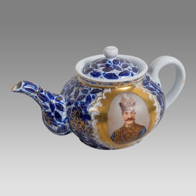 Antique Persian Qajar Ceramic Jug with Lid With Nasr Al Din Shah Portrait.