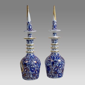 A Persian Pair of Porcelain Decanters with Shah Portrait. 20th century.