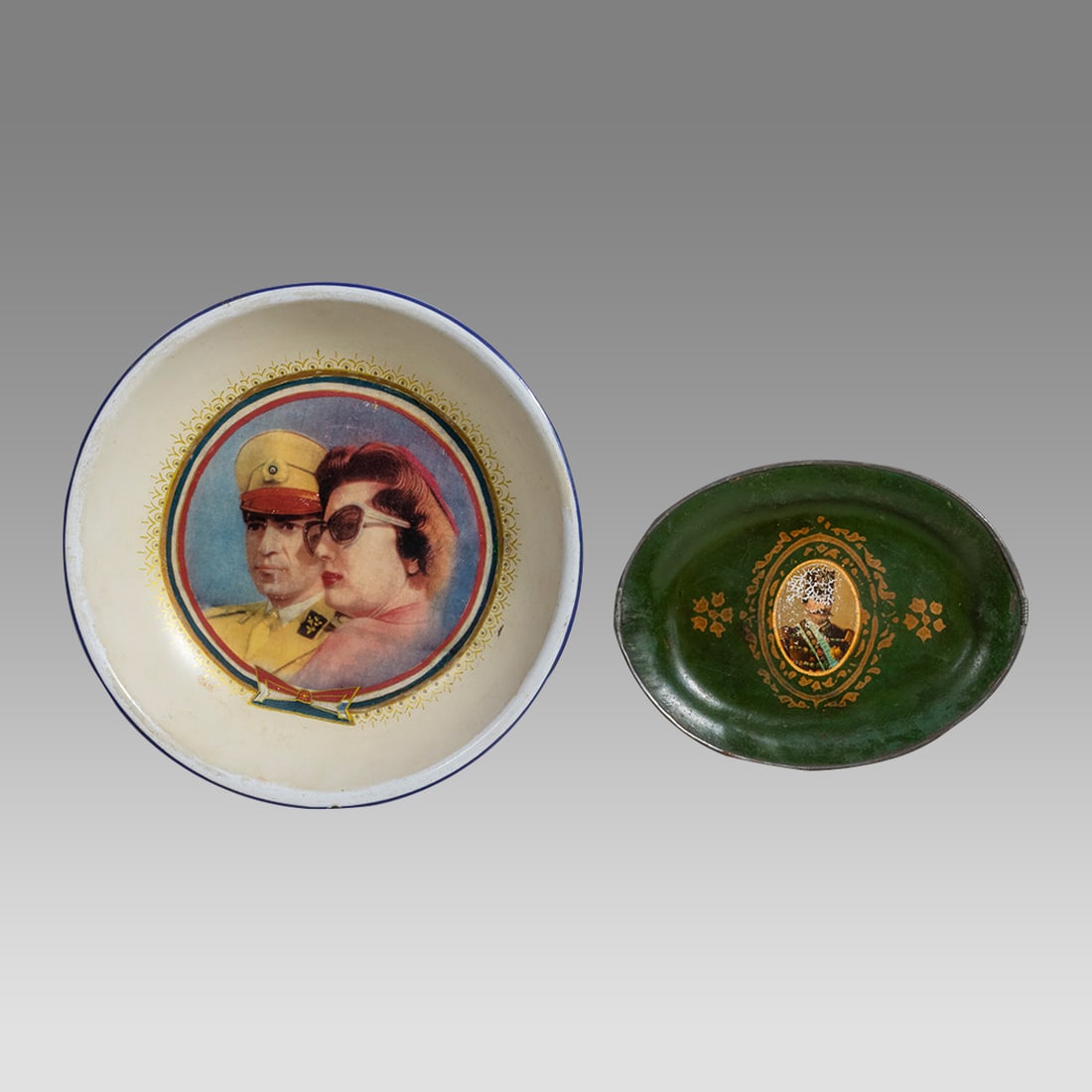 Lot of 2 Persian Vintage Painted Metal Plates With Shah Portrait. (1 of 1)