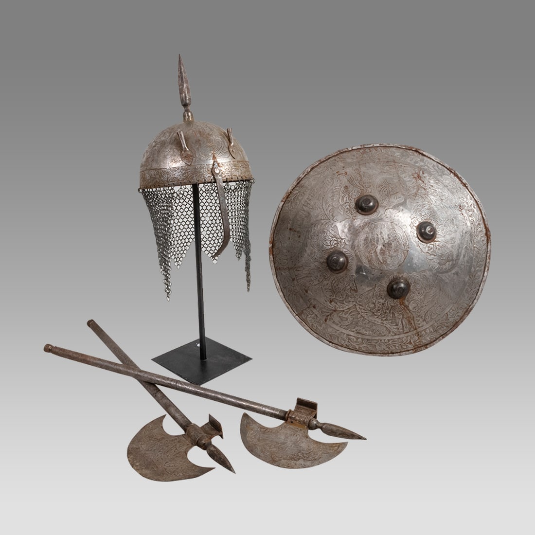 A Set Of 4 Antique Persian Armor, Helmet, Shield and 2 Axe. (1 of 2)