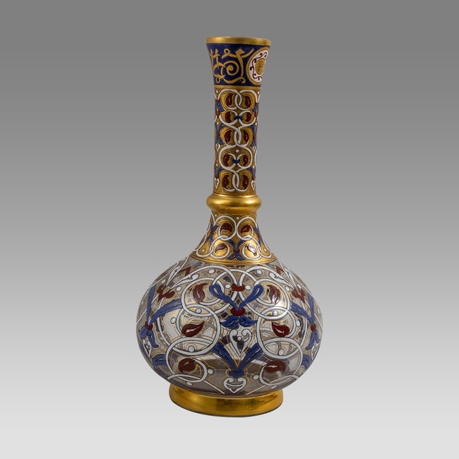19th century lobmeyr enamel glass vase.: 19th century lobmeyr enamel glass vase. Size 11 1/4 inches high, 4 1/2 inches widest point. Fine lobmeyr? enamel glass vase, hand painted gold and enamel floral decoration.