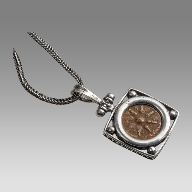 Silver Necklace and Pendant With Ancient Widows Mite Bronze coin 103-76 BCE. (1 of 2)