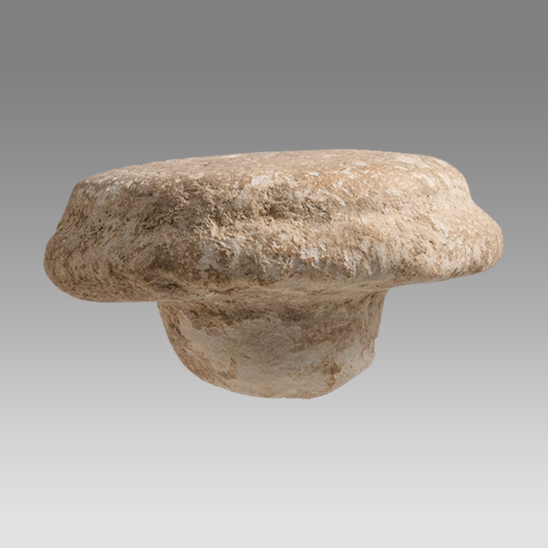 Ancient Holy Land Stone Stopper, c.7th century BC.: Ancient Holy Land Stone Stopper, c.7th century BC. Size 2 1/4 inches diameter. Ancient Holy Land stone stopper from a vessel. Purchased In Jerusalem. Provenance: Private Collection of Rabbi Jacob Yabl