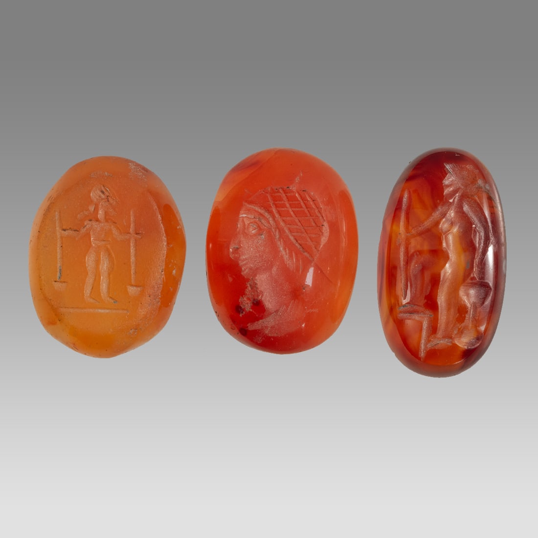 Lot of 3 Agate Intaglios with Figures.: Lot of 3 Agate Intaglios with Figures. Size 17-20 mm. Fine carved modern Agate Intaglios with figures. Ex Florida collection.