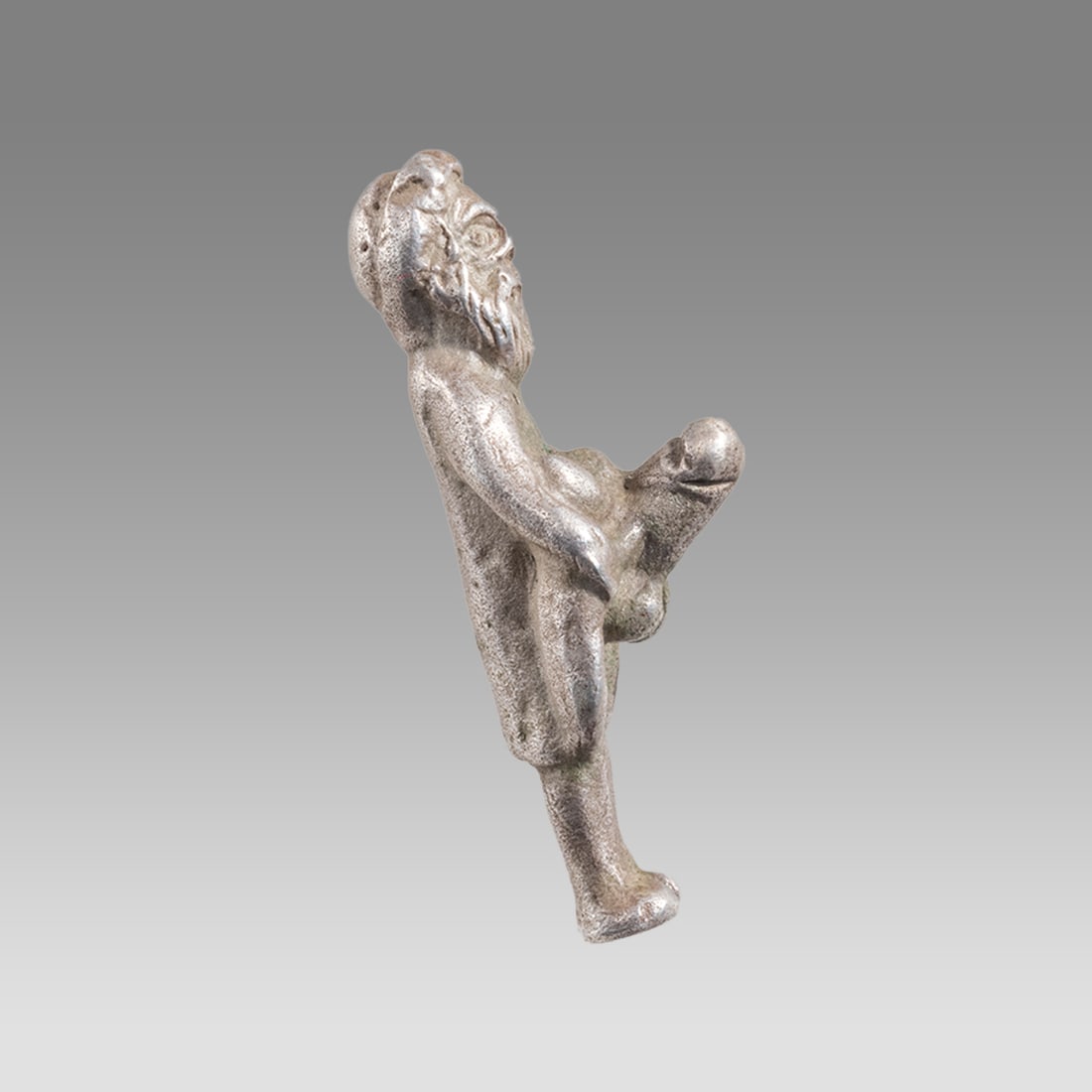 Ancient Roman Silver Erotic Figure Of Satyr c.2nd century AD.: Ancient Roman Silver Erotic Figure Of Satyr c.2nd century AD. Size 1 1/2 inch high. Fine cast small silver figure of Satyr with large phallic. Ex Private Florida collection. Acquired from Arte Antico