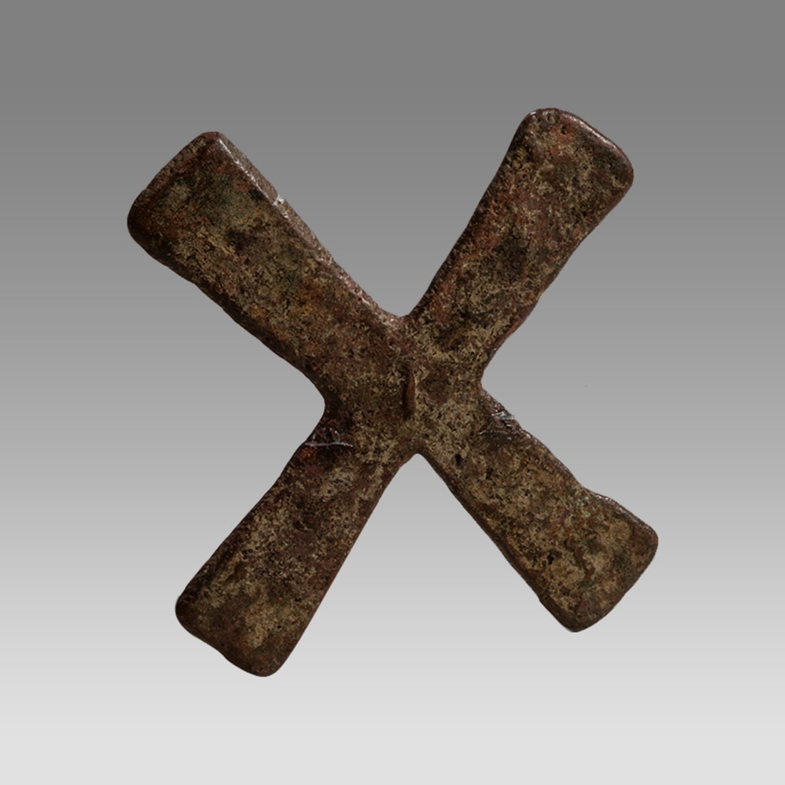 Antique African Katanga Copper Cross. c.1900s Congo African Currency Cross.: Antique African Katanga Copper Cross. c.1900s Congo African Currency Cross. Size 8 1/4 x 8 inches. + stand. Custom mounted. From a Florida collection.