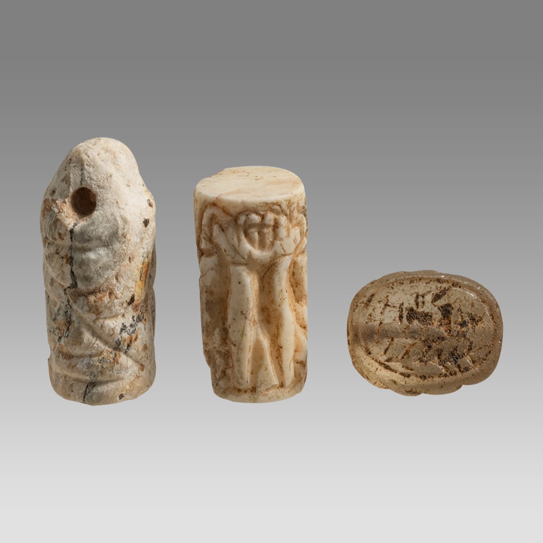 Lot of 3 Ancient Mesopotamian Stone Cylinder Seals, Scarab c.1100 BC. (1 of 2)