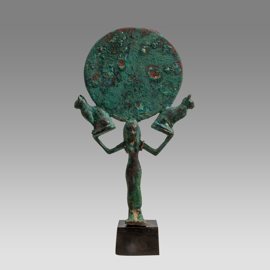 Egyptian Style Bronze Mirror With Figure, Bastet Cats.: Egyptian Style Bronze Mirror With Figure, Bastet Cats. Size 7 5/8 inches high + stand. A cast bronze Mirror with figural handle and cat on each side. Provenance: From a Private Florida collection acqu