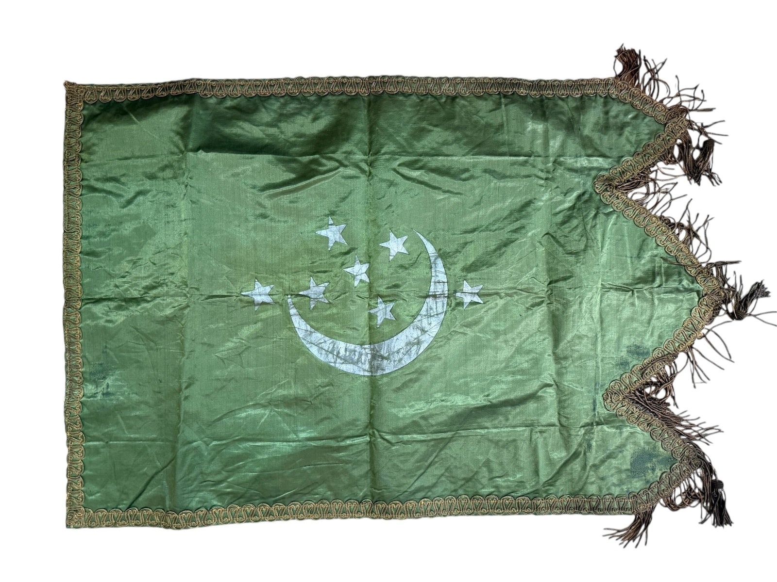 Antique Turkish Ottoman Silk Textile.: Antique Turkish Ottoman Silk Textile. Size 30 x 19 1/2 inches. A green silk textile with Crescent moon and stars.