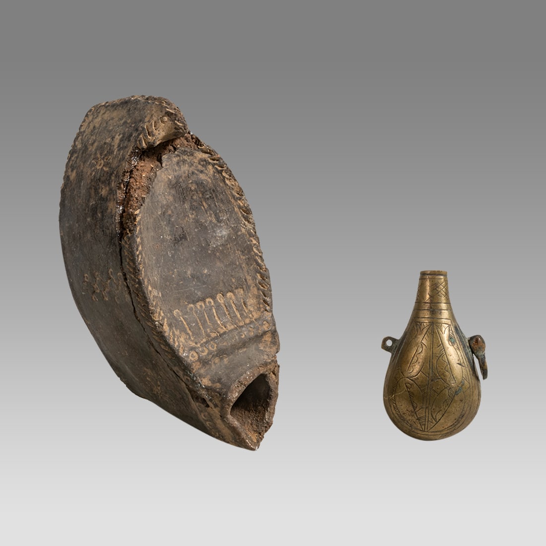 Antique Islamic Pottery Oil Lamp, Copper Gun Powder. (1 of 2)