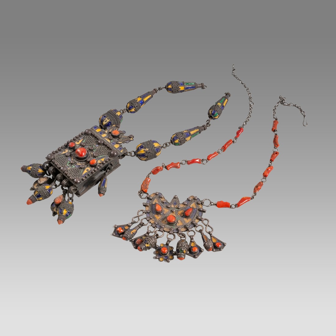 Lot of 2 Algerian SIlver nd Enamel Necklaces.: Lot of 2 Algerian SIlver nd Enamel Necklaces. Size 15 1/2 - 26 inches length. Weight 317 grams. Fine collection of 2 antique silver with enamel with coral. Wearable.