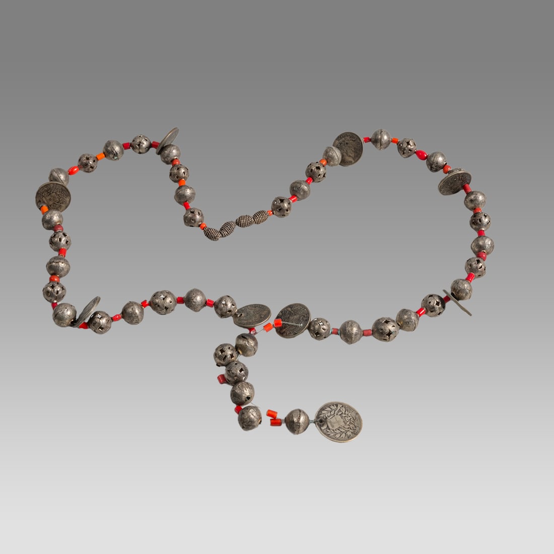 Mexican Metal Bead Necklace with coins.: Mexican Metal Bead Necklace with coins. Size 32 inches length. Mexican metal necklace mixed with coins and coral beads. wearable.