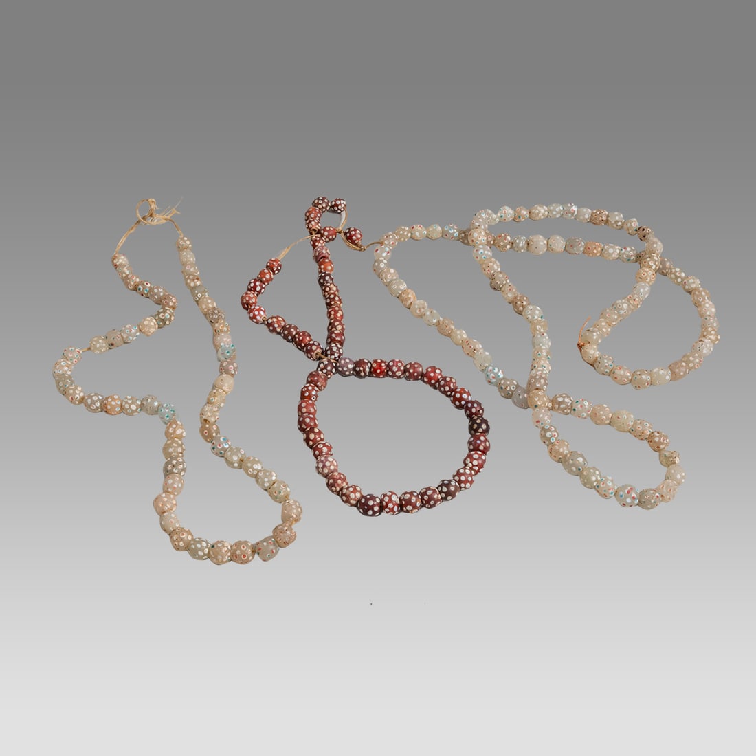 Lot of 3 Venetian Mosaic Glass Bead Necklaces.: Lot of 3 Venetian Mosaic Glass Bead Necklaces. Size 22-40 inches length. A collection of 3 strands of black and white mosaic glass Venetaian beads.