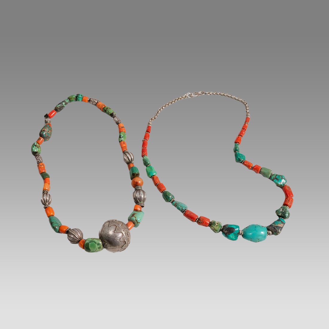 Lot of 2 Indian Silver And Coral, Malchite Bead Necklaces. (1 of 1)