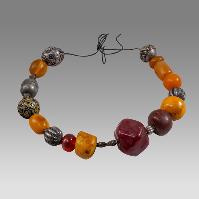 Mauritania, Phenolic Amber Trade Beads, Mixed with Large Silver beads Necklace. (1 of 1)