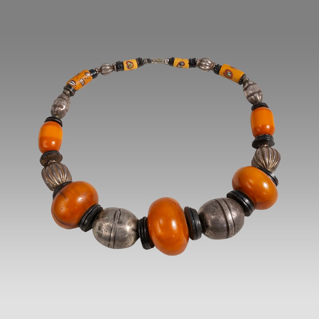Mauritania, Phenolic Amber Trade Beads, Mixed with Large Silver beads Necklace. (1 of 1)