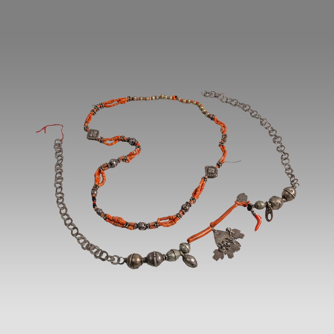 Lot of 2 Indian Silver and Coral Bead Necklaces. (1 of 1)