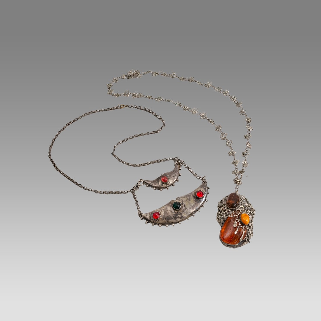 Lot of 2 Indian Silver and Amber Bead Necklaces. (1 of 1)