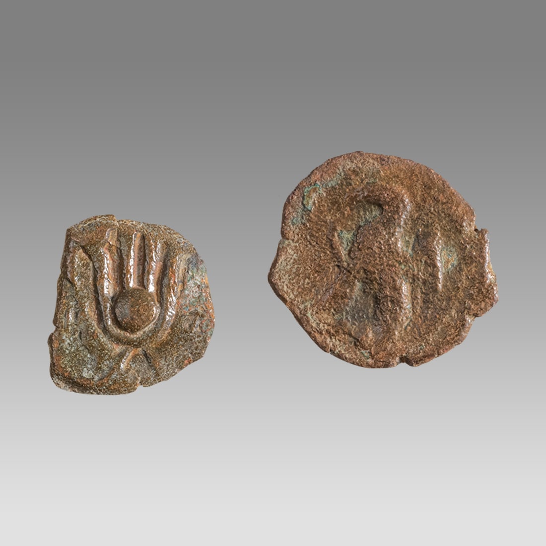 Ancient Greek, Egypt Bronze Coins, Ptolemy Kingdom c.2nd century BC.(2): Ancient Greek, Egypt Bronze Coins, Ptolemy Kingdom c.2nd century BC. Size 17-16 mm. Head of Zeus Ammon facing right. Reverse: Eagle standing on amphora. And Isis Crown on the second coin. Great patina