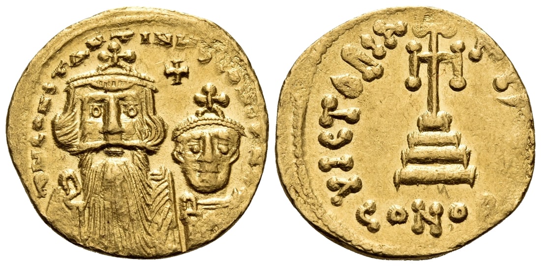 Constans II, with Constantine IV, 641-668. Solidus (Gold, 20 mm, 4.38 g, 6 h), Constantinople,: Constans II with Constantine IV 641-668. Solidus (Gold 20 mm 4.38 g 6 h) Constantinople 654-9. d N CONSTANTIN?S C CONSTANTIN Facing busts of Constans II large and with long beard and Constantine IV sm