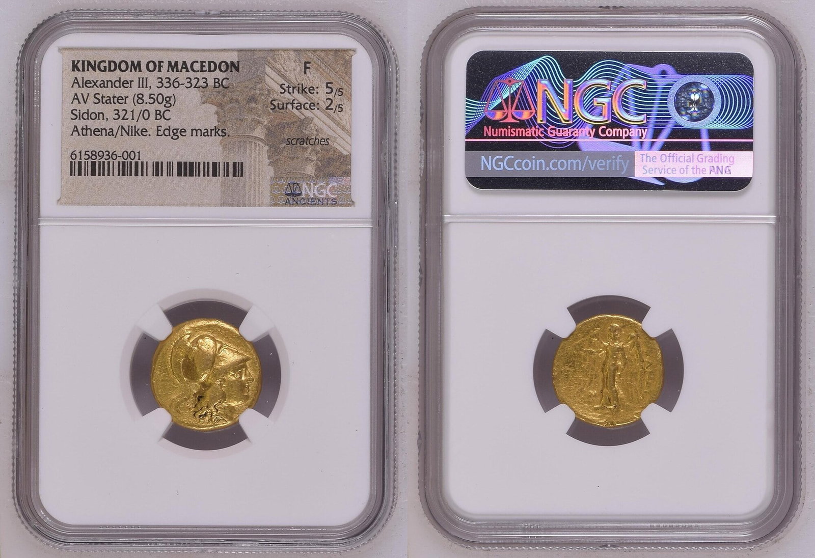 MACEDON. Kingdom of Macedon. Alexander III (the Great), 336-323 B.C. AV Stater (8.50 gms), Sidon: MACEDON. Kingdom of Macedon. Alexander III (the Great) 336-323 B.C. AV Stater (8.50 gms) Sidon Mint ca. 321/0 B.C. NGC FINE Strike: 5/5 Surface: 2/5. Edge Marks Scratches. Pr-3500. Obverse: Helmeted h
