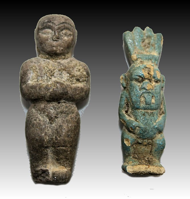 Lot of two figures, A stone figure and Ancient Bes: A stone figure of a man Mesopotamian in style. Unknown date. Size 1 1/2 inches high. A fine Egyptian glazed faience amulet of Bes in the round. (See "Amulets of Ancient Egypt" by Carol Andrews. p.40d)
