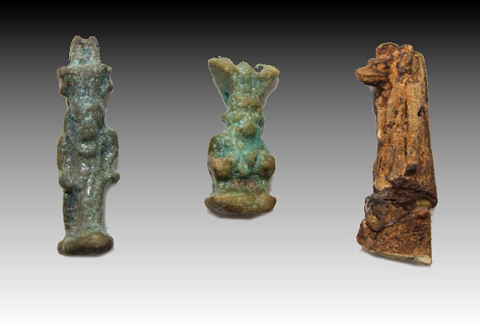 Lot of Three Ancient Egyptian amulets Circa 700-30 BC: Lot of Three Ancient Egyptian amulets Circa 700-30 BC. Consisting of Bes, Anubis, and Isis.Size 19-27 mm.Condition: Anubis damaged and missing feet, other two amulets are perfect. Provenance: Private 