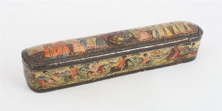 Antique PERSIAN LACQUER PAPIER MACHET ARTIST'S Pen BOX: LARGE Antique PERSIAN LACQUER PAPIER MACHATA ARTIST'S Pen BOX Qajar Circa 19th century. Large PERSIAN LACQUER PAPIER MACHE ARTIST'S Pen BOXÂ Qajar. With sliding drawer, the top painted with a prince