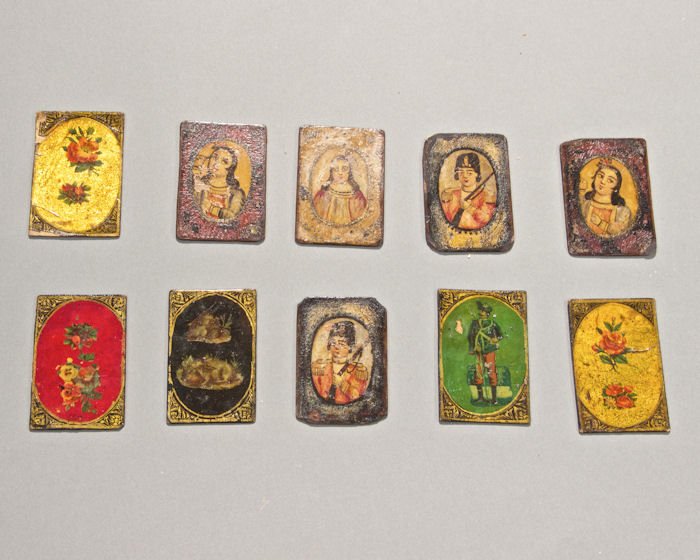Persian Paper Mache Playing Cards, 19th Century: Lot of 11 Persian Paper Mache Playing Cards, 19th Century. 11 paper mache playing cards with flowers and portraits. 19th century AD. Size ”2.5 X 1 5/8 inches” each.