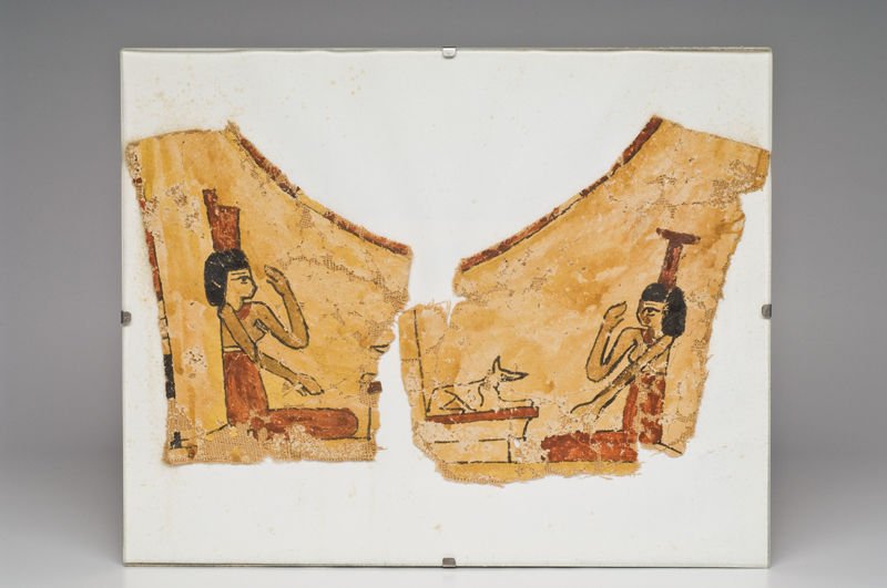 Ancient Egyptian Decorated Cartonage Sections c.700 BC: Ancient Egyptian Decorated Cartonage Sections Late Period, 700-30 B.C.Size:4”W. x 5-1/4”H. & 4-3/4”W. x 5-1/2”H.Two painted cartonage sections depicting the sister goddesses, Isis and Nepthys,