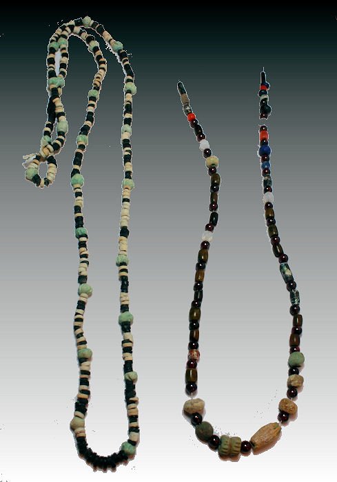 Lot of 2 Ancient Egyptian Faience Beads Necklaces c.300: Lot of two Ancient Egyptian Faience Beaded Necklaces Late period, ca. 700-30 B.C.Size: 28”L and 14 1/2 open. Ancient faience pottery single strand necklaces, one composed of small disc beads and the
