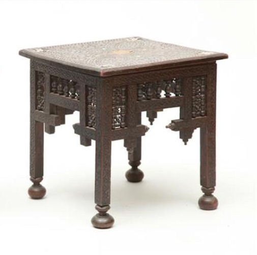 A middle eastern, Syrian Table 19th century: A middle eastern, Syrian Table 19th century.MIDDLE EASTERN HARDWOOD AND MOTHER-OF-PEARL INLAID PEDESTAL Table with floral design. Size 18 1/2 inches high x 17 1/2 x 17 1/4 inches.The Estate of Sue Bla